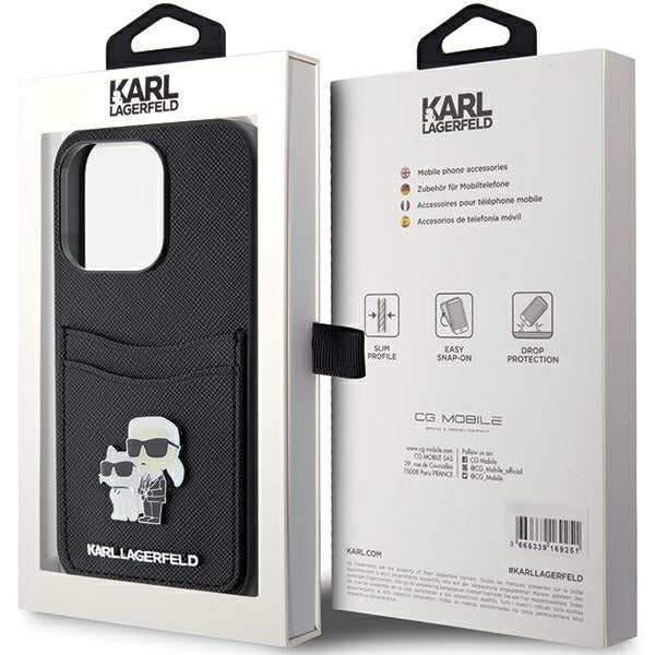 Etui na Apple iPhone 15 Pro, Karl Lagerfeld, Saffiano Card Slot Metal Karl & Choupette, Czarne