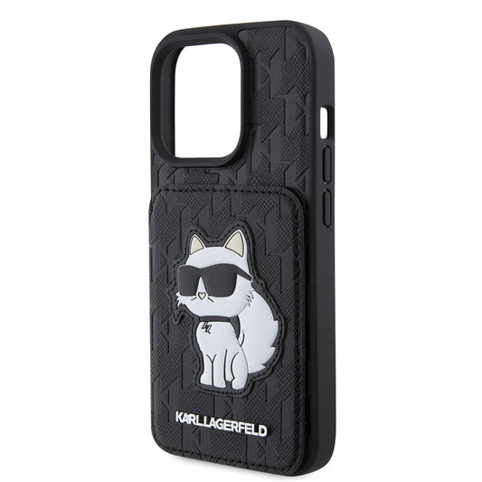 Etui na Apple iPhone 15 Pro, Karl Lagerfeld, Saffiano Cardslots and Stand Monogram Choupette, Czarne