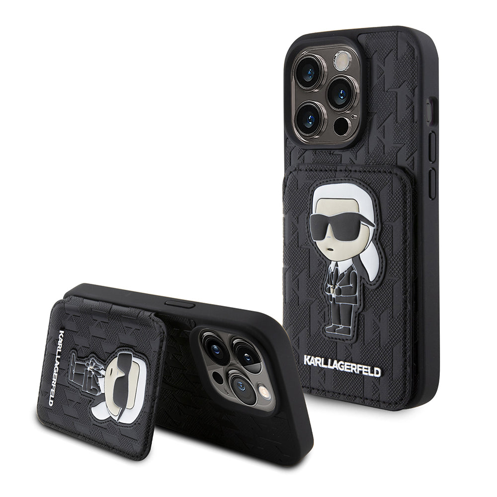 Etui na Apple iPhone 15 Pro, Karl Lagerfeld, Saffiano Cardslots and Stand Monogram Ikonik Karl, Czarne