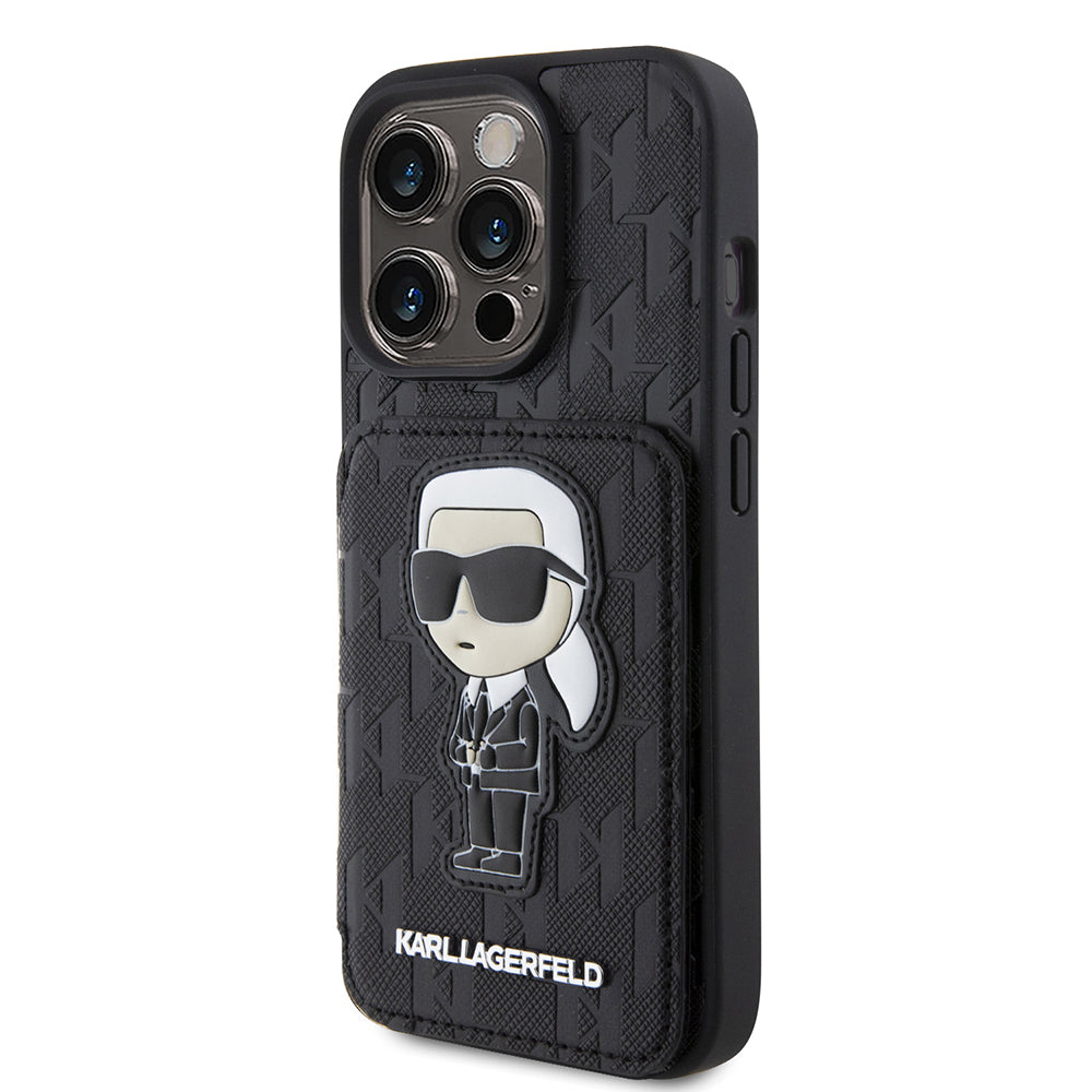 Etui na Apple iPhone 15 Pro, Karl Lagerfeld, Saffiano Cardslots and Stand Monogram Ikonik Karl, Czarne