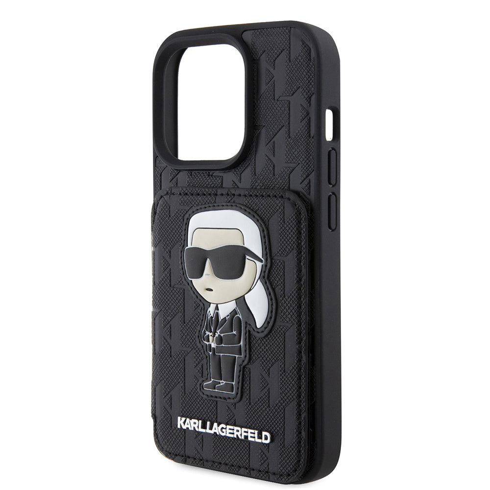 Etui na Apple iPhone 15 Pro, Karl Lagerfeld, Saffiano Cardslots and Stand Monogram Ikonik Karl, Czarne
