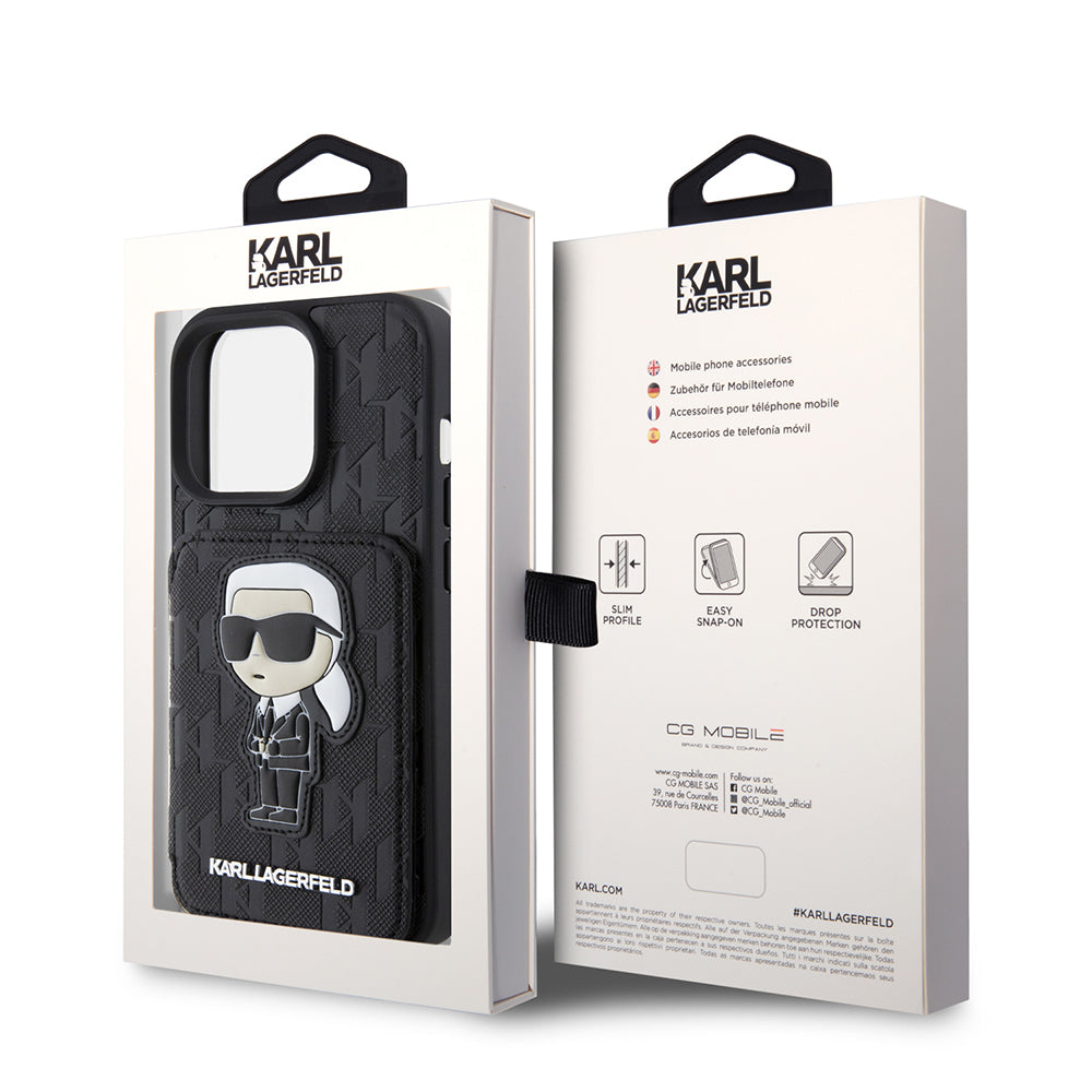 Etui na Apple iPhone 15 Pro, Karl Lagerfeld, Saffiano Cardslots and Stand Monogram Ikonik Karl, Czarne