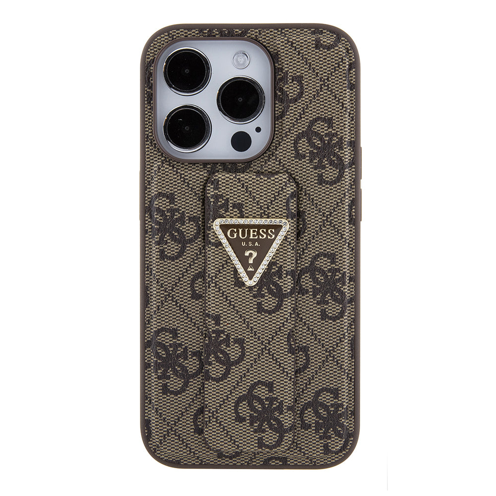 Etui na Apple iPhone 15 Pro Max, Guess, Grip Stand 4G Triangle Strass, Brązowy