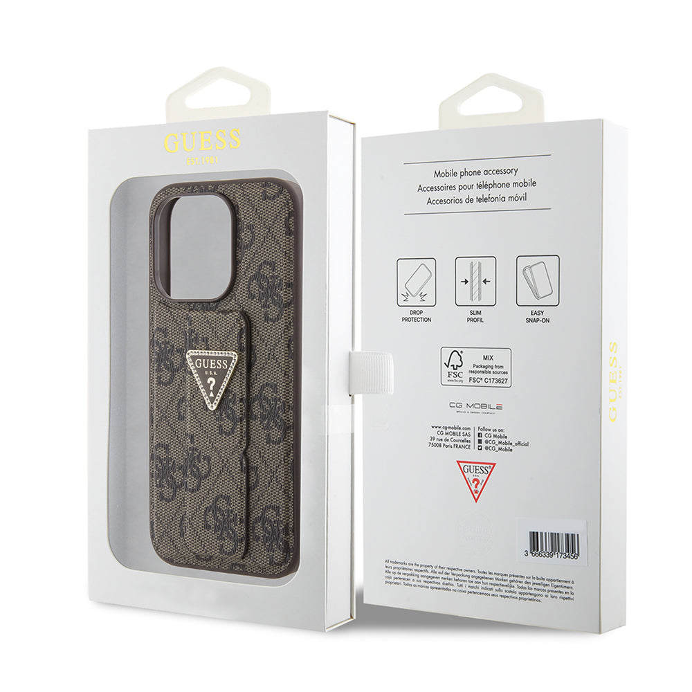 Etui na Apple iPhone 15 Pro Max, Guess, Grip Stand 4G Triangle Strass, Brązowy