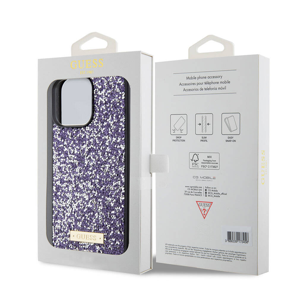 Etui na Apple iPhone 15 Pro, Guess, Rhinestone Metal Logo, Fioletowy