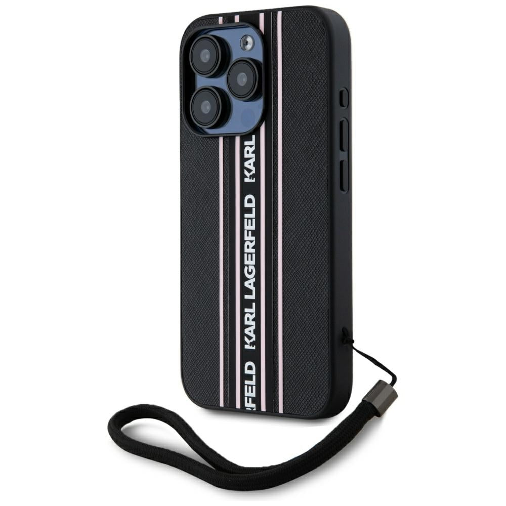 Etui na Apple iPhone 15 Pro Max, Karl Lagerfeld, Saffiano Athleisure Stripes with Strap, Różowy