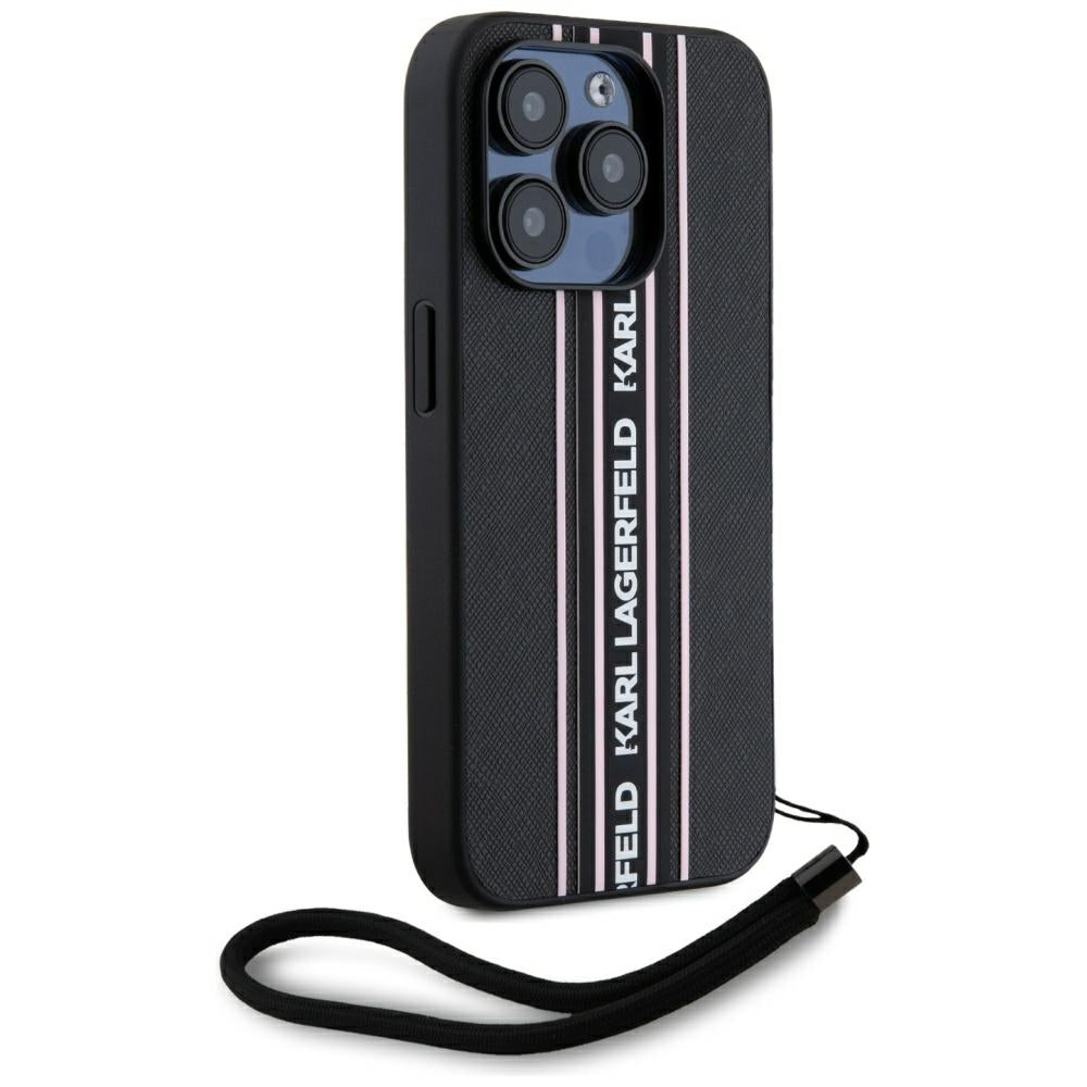Etui na Apple iPhone 15 Pro Max, Karl Lagerfeld, Saffiano Athleisure Stripes with Strap, Różowy
