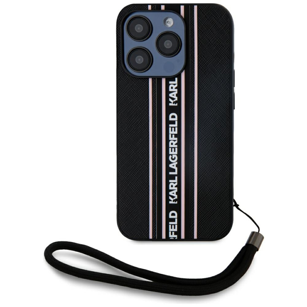 Etui na Apple iPhone 15 Pro Max, Karl Lagerfeld, Saffiano Athleisure Stripes with Strap, Różowy