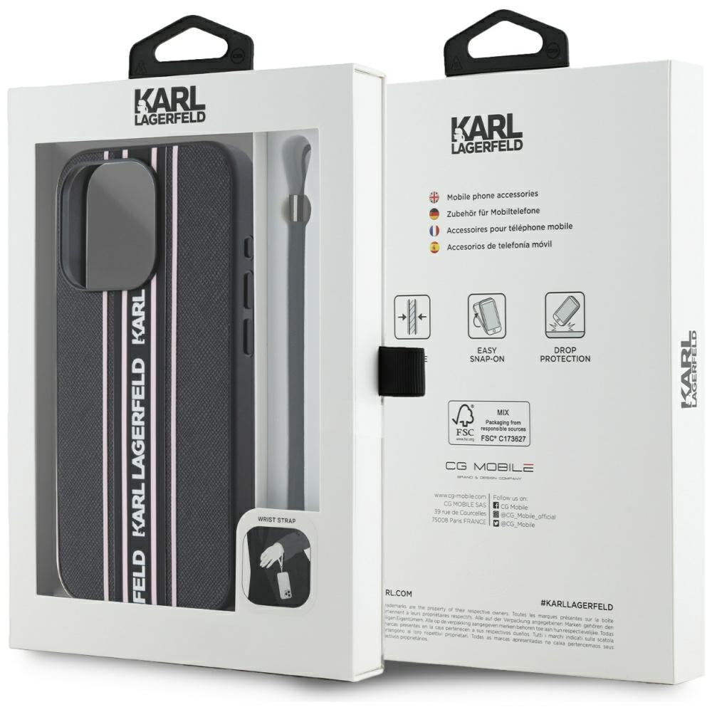 Etui na Apple iPhone 15 Pro Max, Karl Lagerfeld, Saffiano Athleisure Stripes with Strap, Różowy