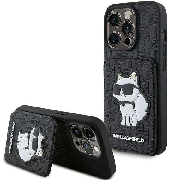 Etui na Apple iPhone 15 Pro Max, Karl Lagerfeld, Saffiano Cardslots and Stand Monogram Choupette, Czarne
