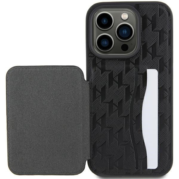 Etui na Apple iPhone 15 Pro Max, Karl Lagerfeld, Saffiano Cardslots and Stand Monogram Choupette, Czarne