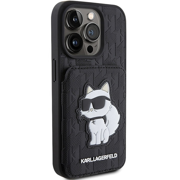 Etui na Apple iPhone 15 Pro Max, Karl Lagerfeld, Saffiano Cardslots and Stand Monogram Choupette, Czarne