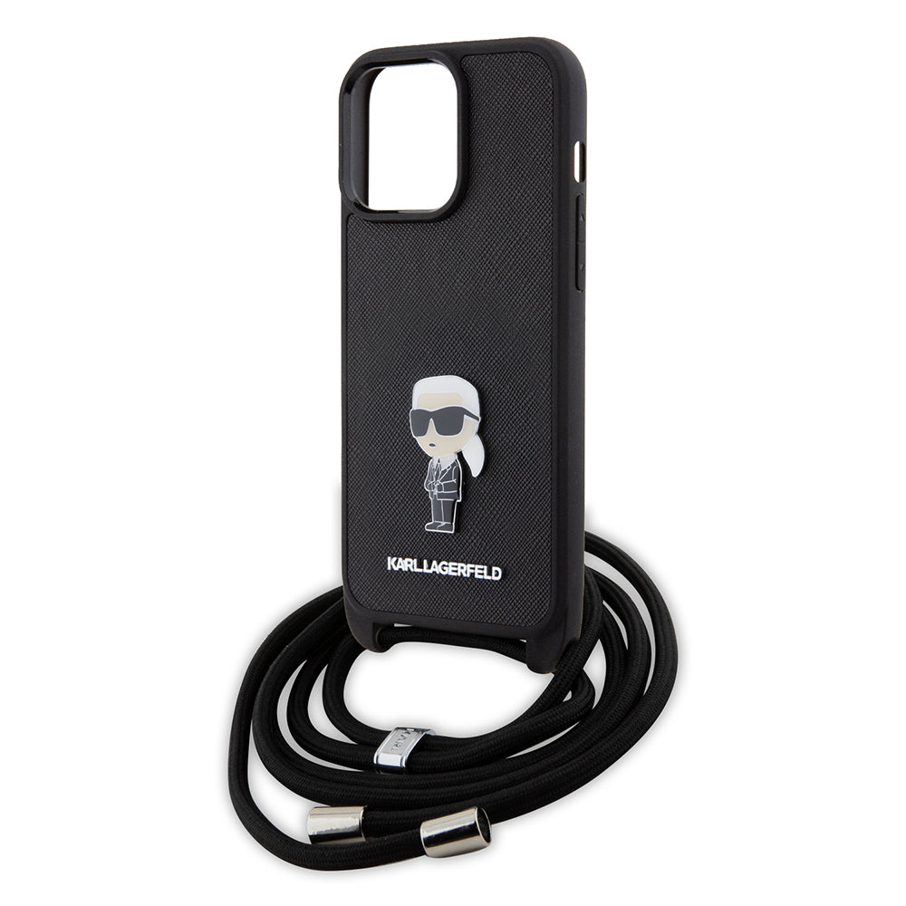 Case for Apple iPhone 15 Pro Max, Karl Lagerfeld, Saffiano Crossbody Monogram Metal Pin Karl, Black