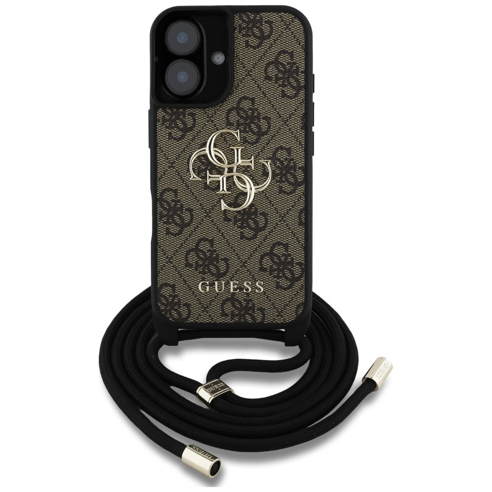 Case for Apple iPhone 16, Guess, 4G CBDY Big Logo with Cord Strap, Brown