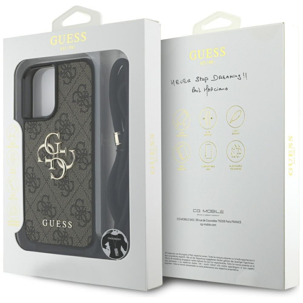Case for Apple iPhone 16, Guess, 4G CBDY Big Logo with Cord Strap, Brown