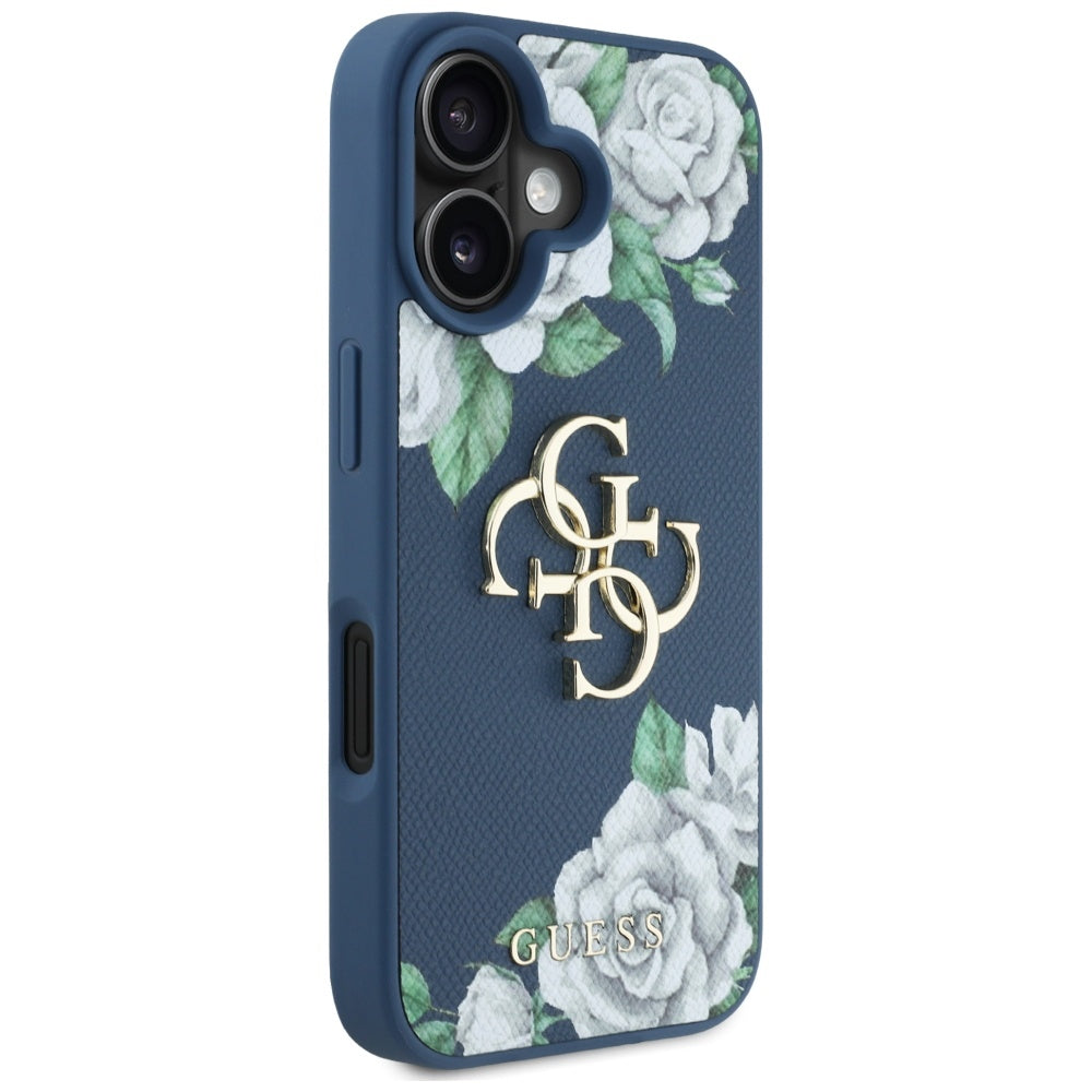 Etui na Apple iPhone 16, Guess, 4G Grained Roses Big Logo, Niebieskie.