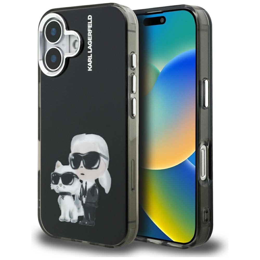 Etui na Apple iPhone 16, Karl Lagerfeld, IML Aquarelle Logo Karl & Choupette, Czarne