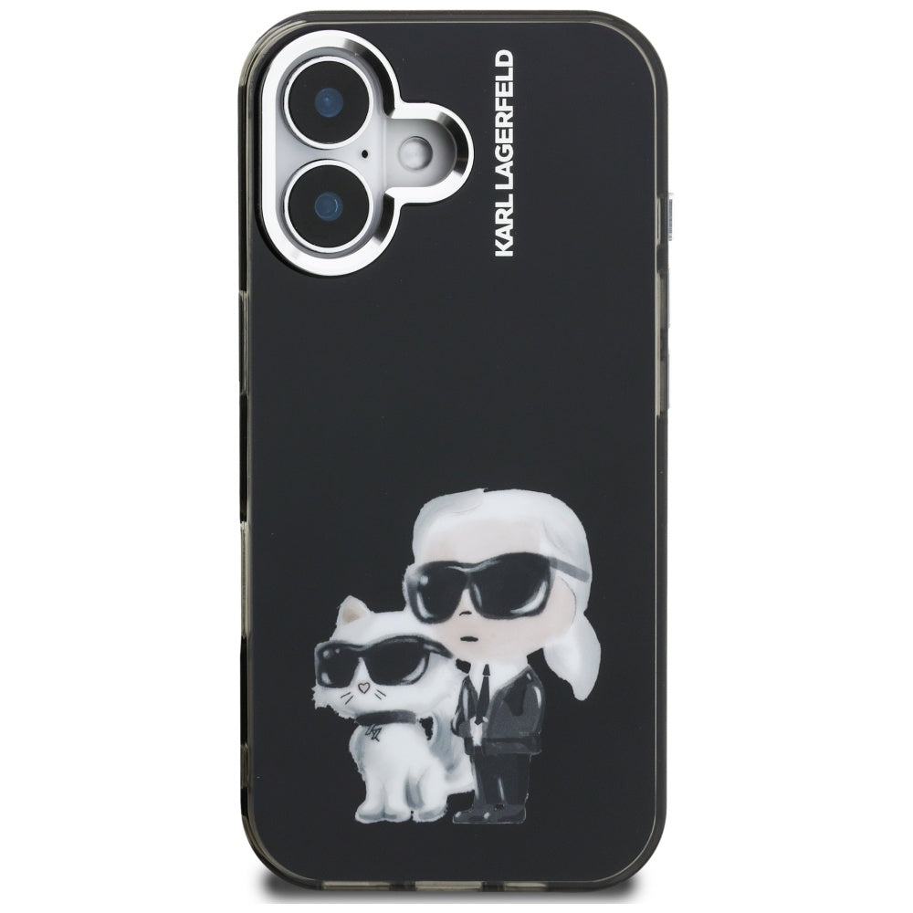 Etui na Apple iPhone 16, Karl Lagerfeld, IML Aquarelle Logo Karl & Choupette, Czarne