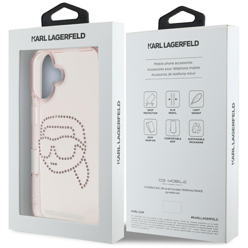 Etui na Apple iPhone 16, Karl Lagerfeld, IML Rhinestones Karl's Head, Różowy