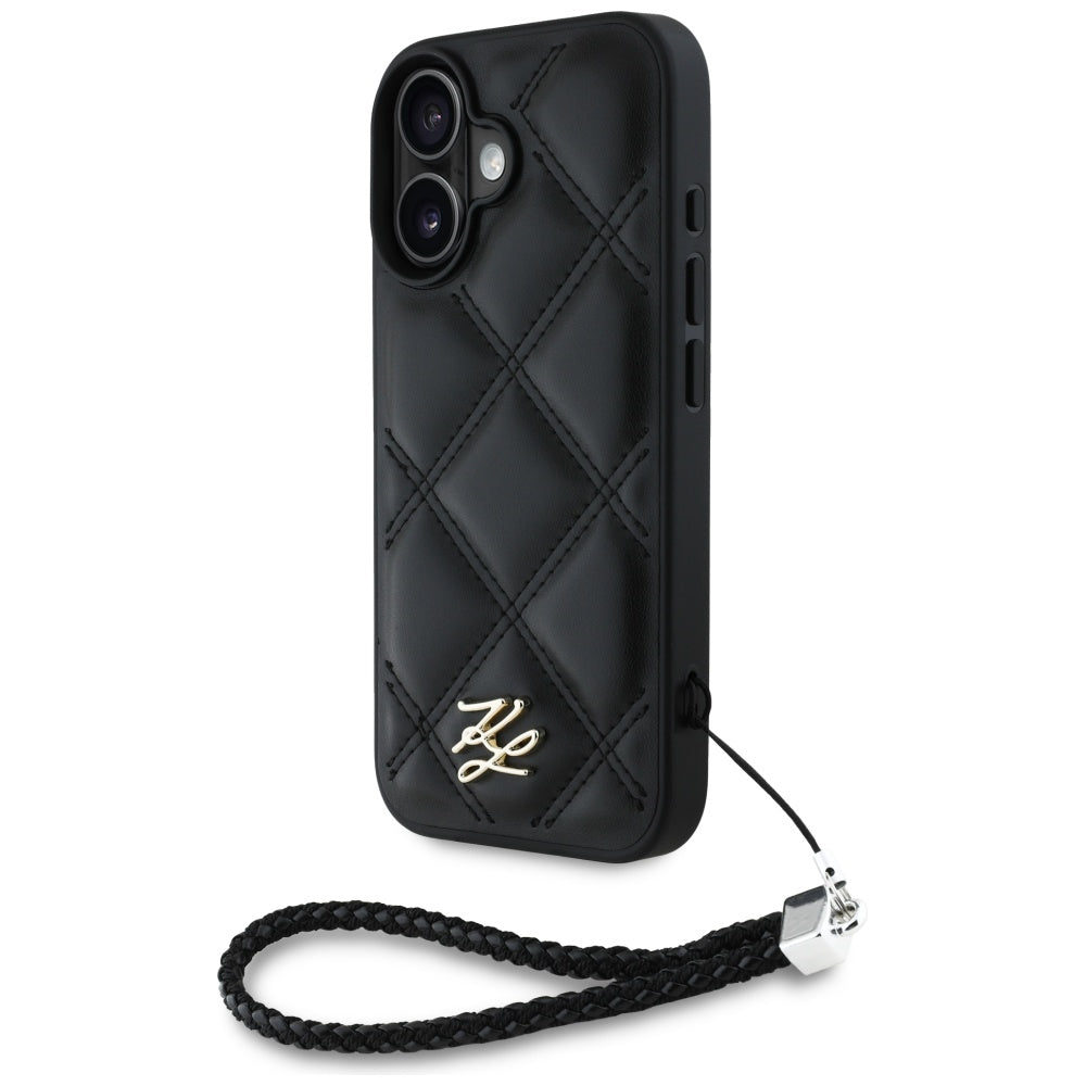 Etui na Apple iPhone 16, Karl Lagerfeld, Pikowany początkowy logo & Pasek łańcuchowy, Czarne