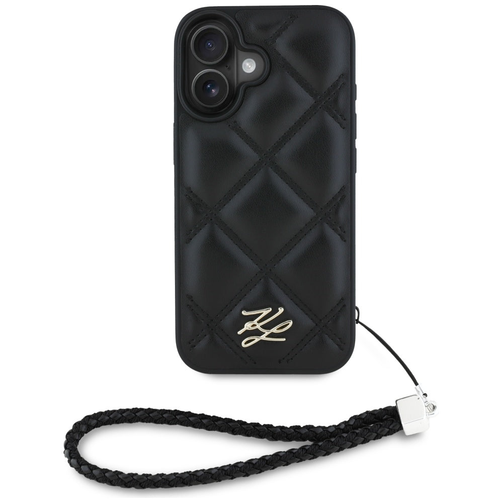 Etui na Apple iPhone 16, Karl Lagerfeld, Pikowany początkowy logo & Pasek łańcuchowy, Czarne