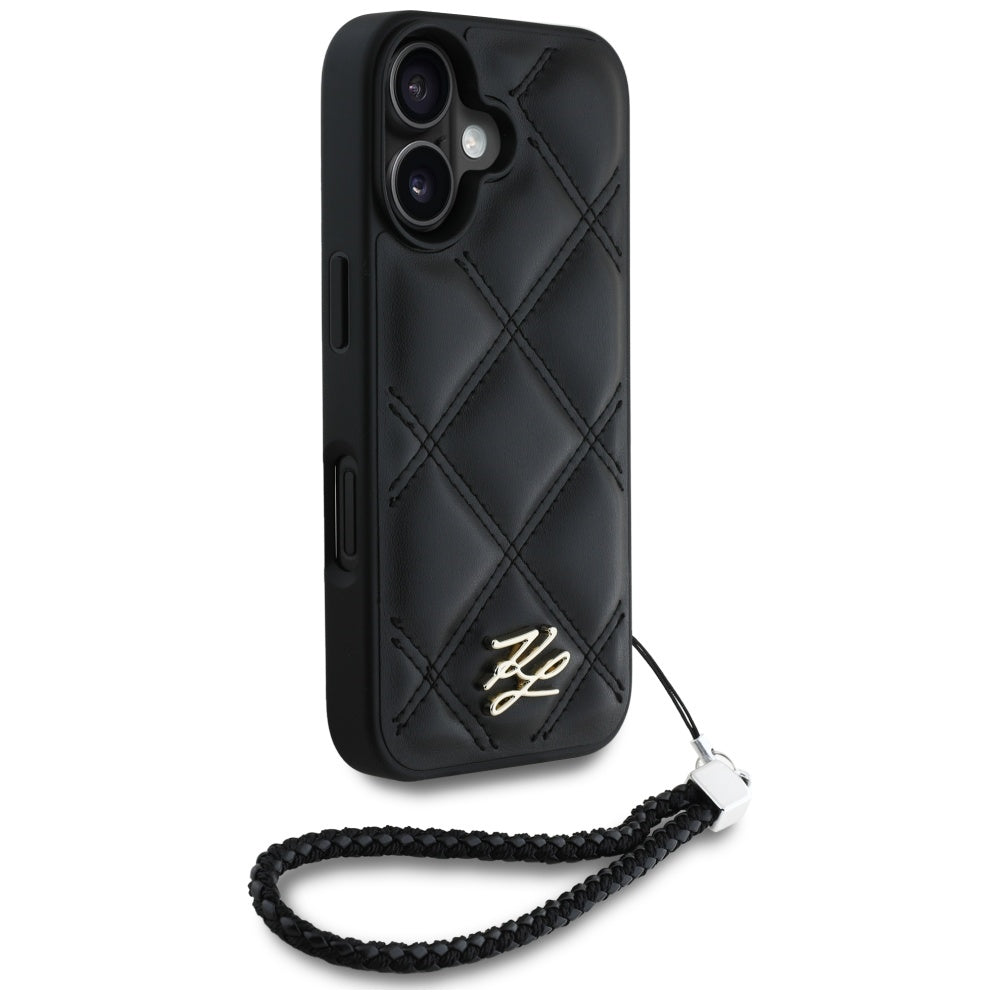 Etui na Apple iPhone 16, Karl Lagerfeld, Pikowany początkowy logo & Pasek łańcuchowy, Czarne