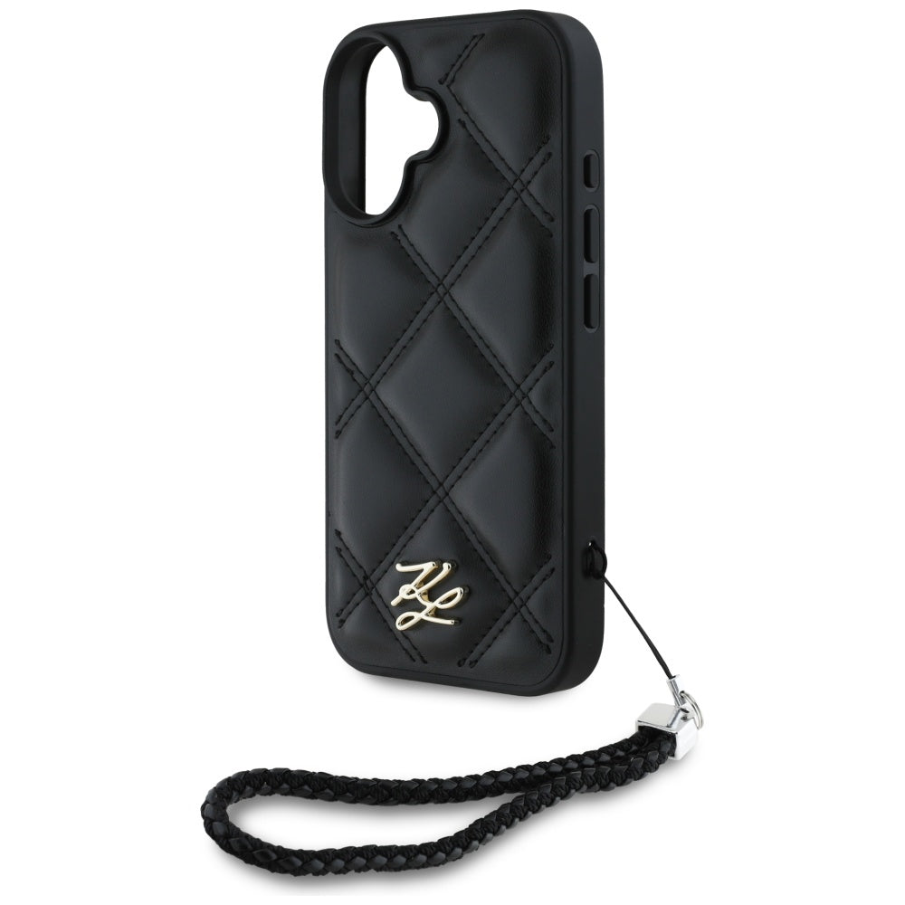 Etui na Apple iPhone 16, Karl Lagerfeld, Pikowany początkowy logo & Pasek łańcuchowy, Czarne