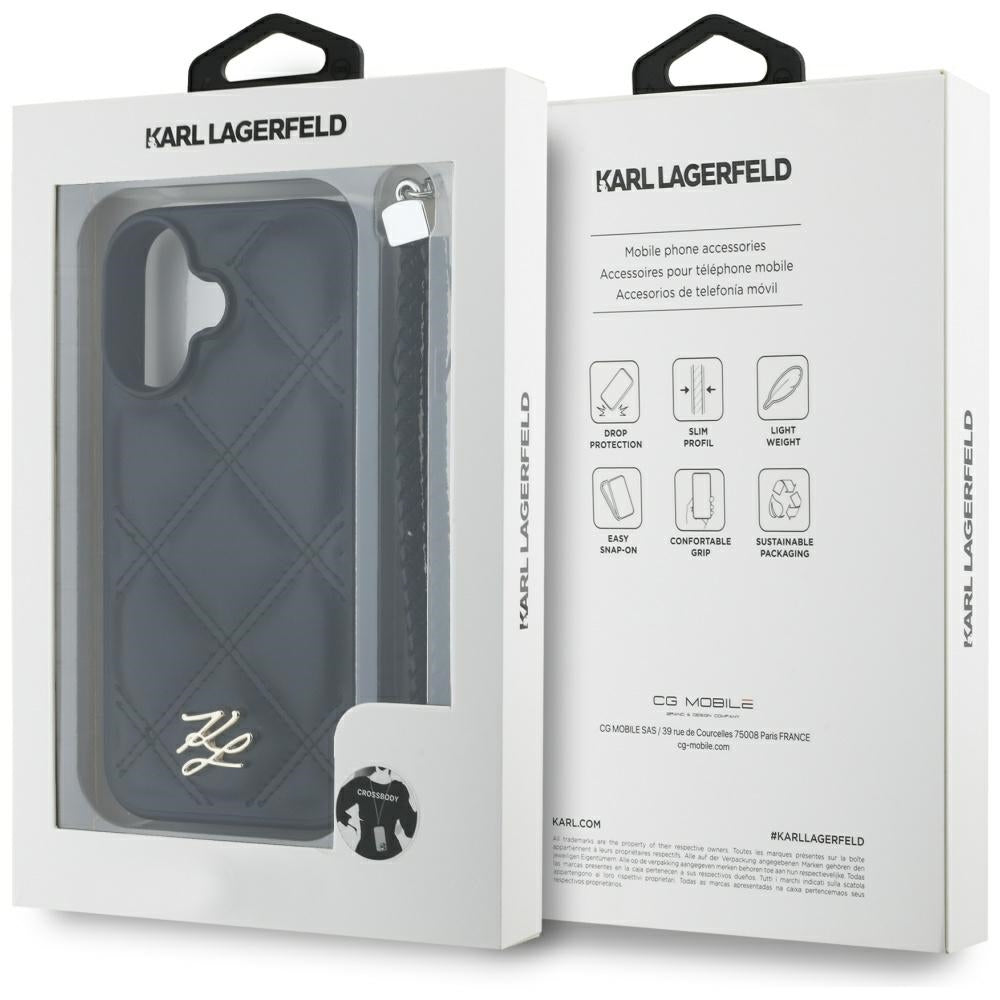 Etui na Apple iPhone 16, Karl Lagerfeld, Pikowany początkowy logo & Pasek łańcuchowy, Czarne