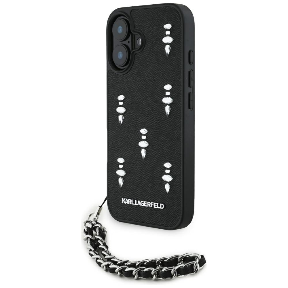 Etui na Apple iPhone 16, Karl Lagerfeld, Saffiano Crystals & Charm, Czarne
