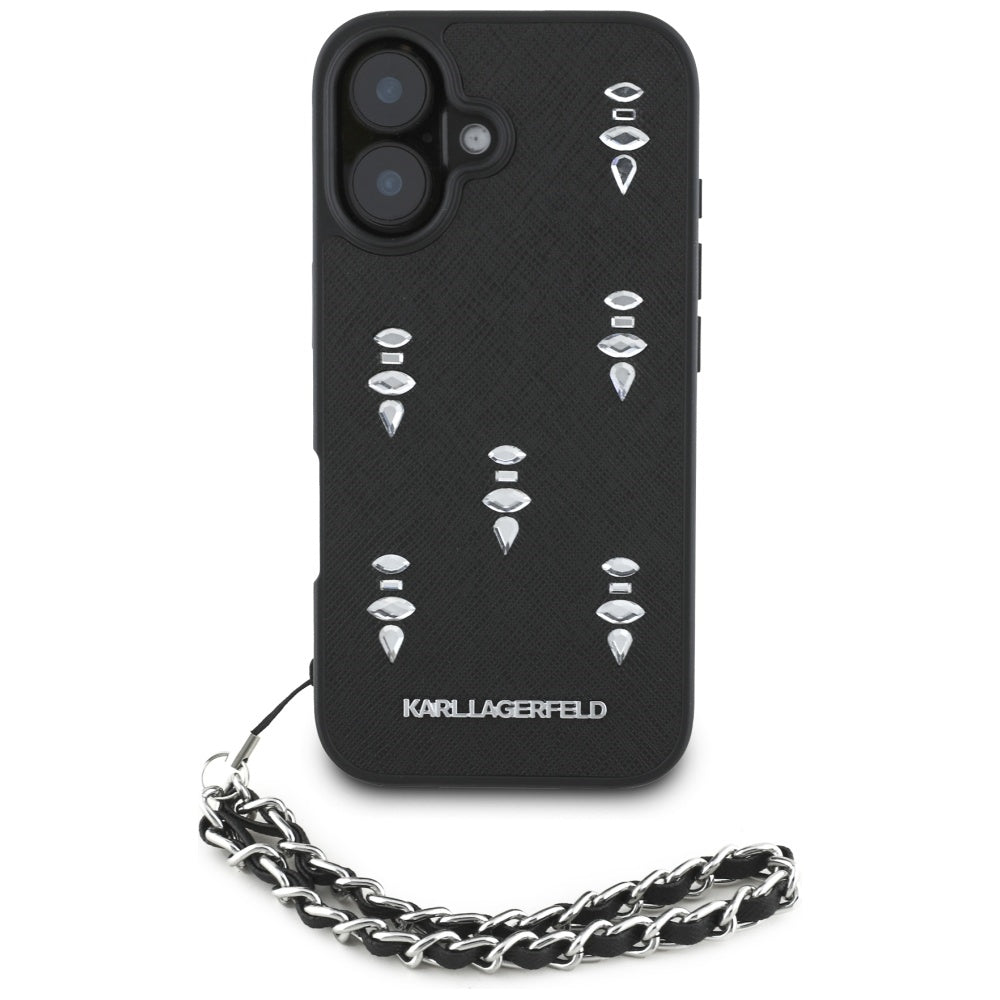Etui na Apple iPhone 16, Karl Lagerfeld, Saffiano Crystals & Charm, Czarne