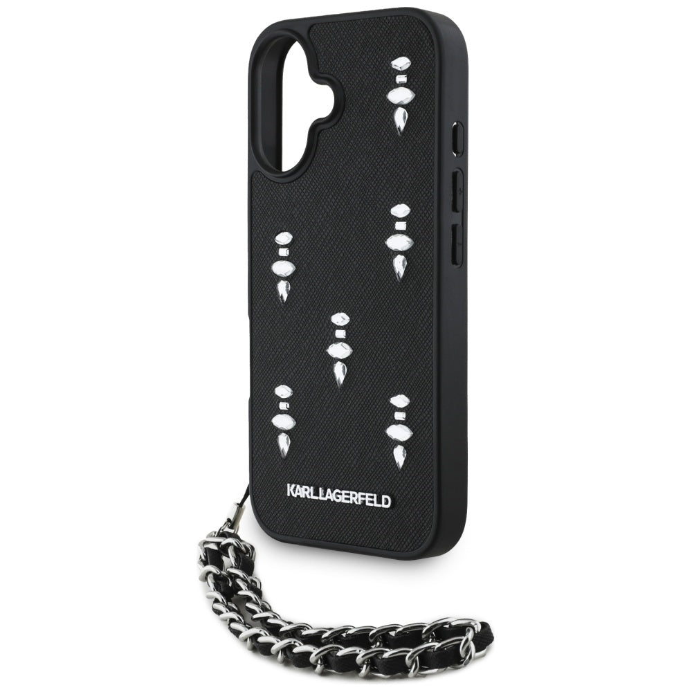 Etui na Apple iPhone 16, Karl Lagerfeld, Saffiano Crystals & Charm, Czarne
