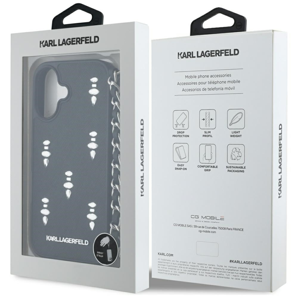 Etui na Apple iPhone 16, Karl Lagerfeld, Saffiano Crystals & Charm, Czarne