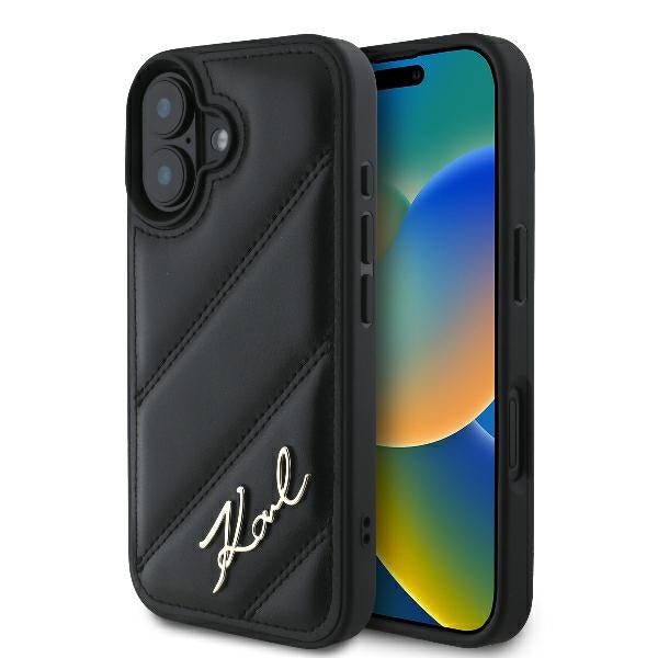 Etui na Apple iPhone 16 Plus, Karl Lagerfeld, Diagonal Quilted Script, Czarne
