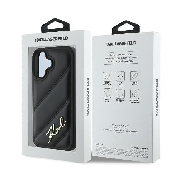 Etui na Apple iPhone 16 Plus, Karl Lagerfeld, Diagonal Quilted Script, Czarne