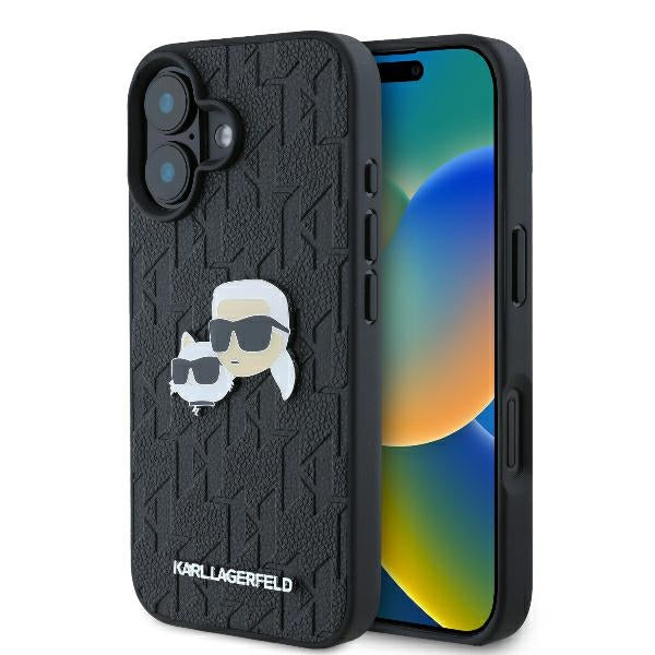 Etui na Apple iPhone 16 Plus, Karl Lagerfeld, Monogram Karl & Choupette's Heads, Czarne