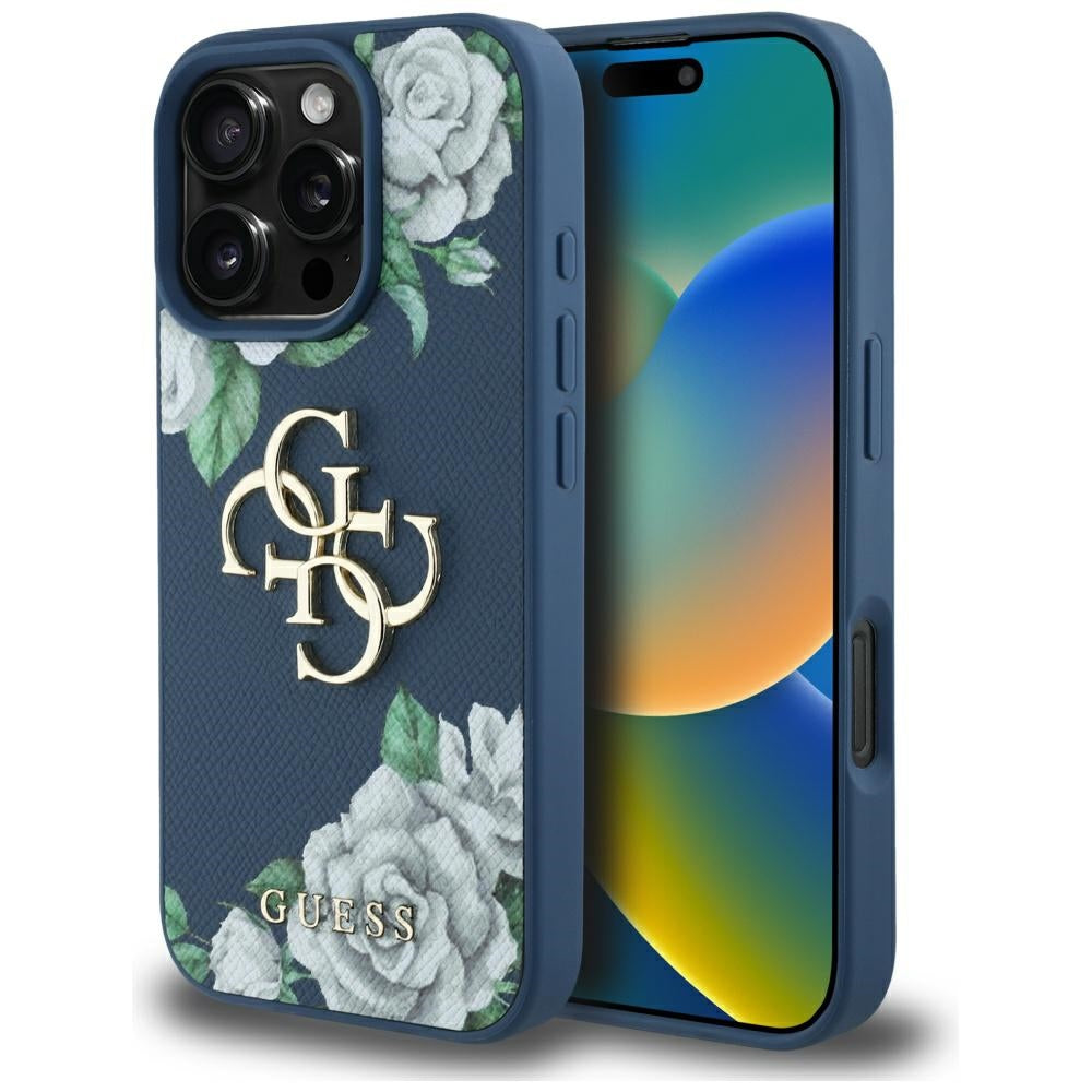 Etui na Apple iPhone 16 Pro, Guess, 4G Grained Roses Big Logo, Niebieskie