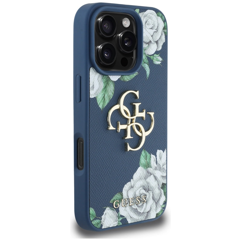 Etui na Apple iPhone 16 Pro, Guess, 4G Grained Roses Big Logo, Niebieskie