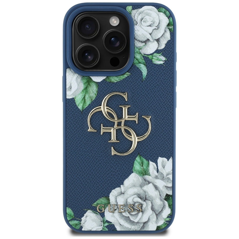 Etui na Apple iPhone 16 Pro, Guess, 4G Grained Roses Big Logo, Niebieskie
