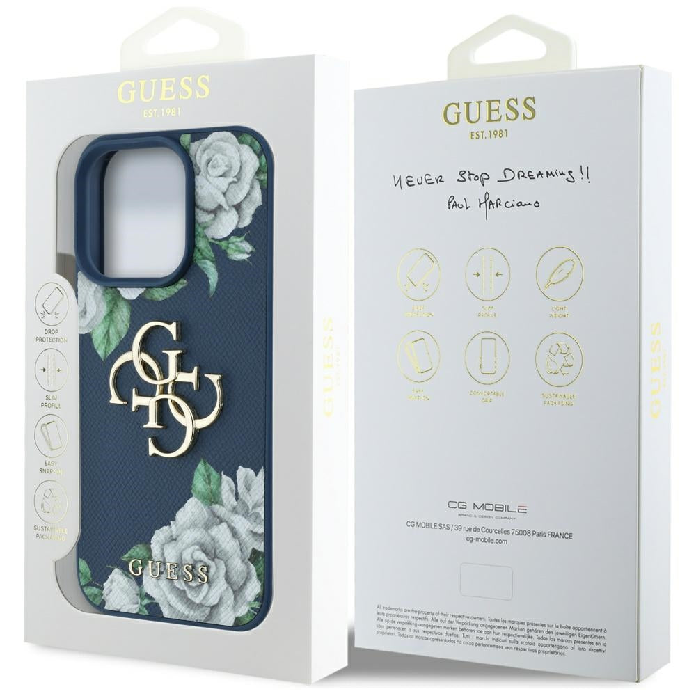 Etui na Apple iPhone 16 Pro, Guess, 4G Grained Roses Big Logo, Niebieskie