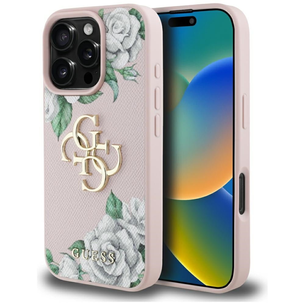 Case for Apple iPhone 16 Pro, Guess, 4G Grained Roses Big Logo, Pink