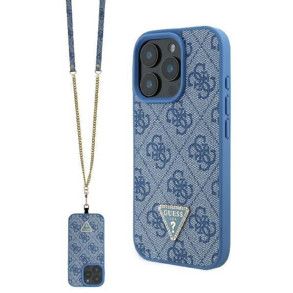 Etui na Apple iPhone 16 Pro, Guess, Crossbody 4G Triangle Strass, Niebieskie