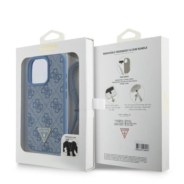 Etui na Apple iPhone 16 Pro, Guess, Crossbody 4G Triangle Strass, Niebieskie