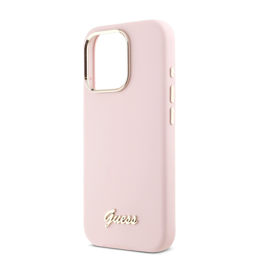 Etui na Apple iPhone 16 Pro, Guess, Script Metal Logo & Frame, Różowy