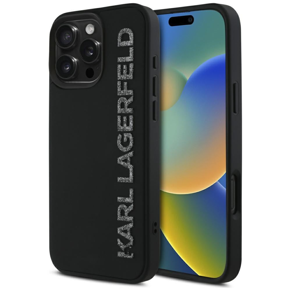 Etui na Apple iPhone 16 Pro, Karl Lagerfeld, 3D Rubber Elongated Glitter Logo, Czarne