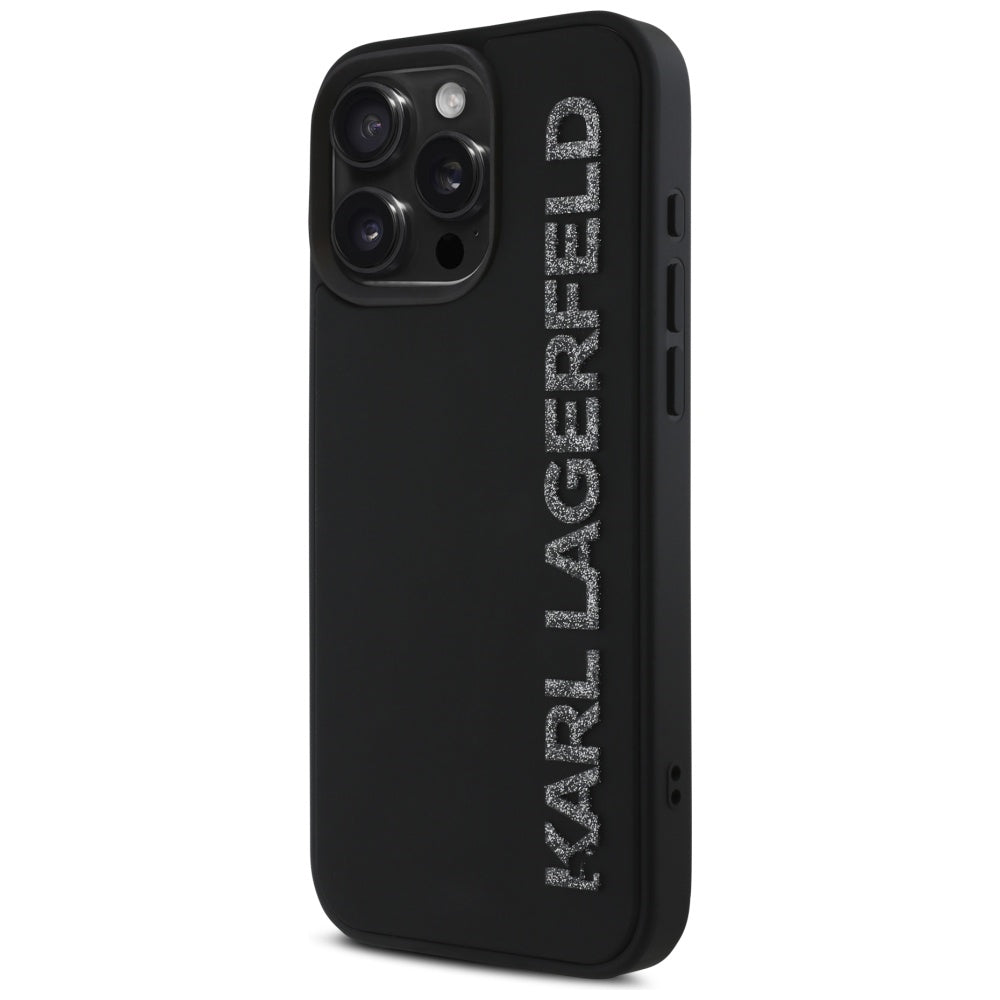 Etui na Apple iPhone 16 Pro, Karl Lagerfeld, 3D Rubber Elongated Glitter Logo, Czarne