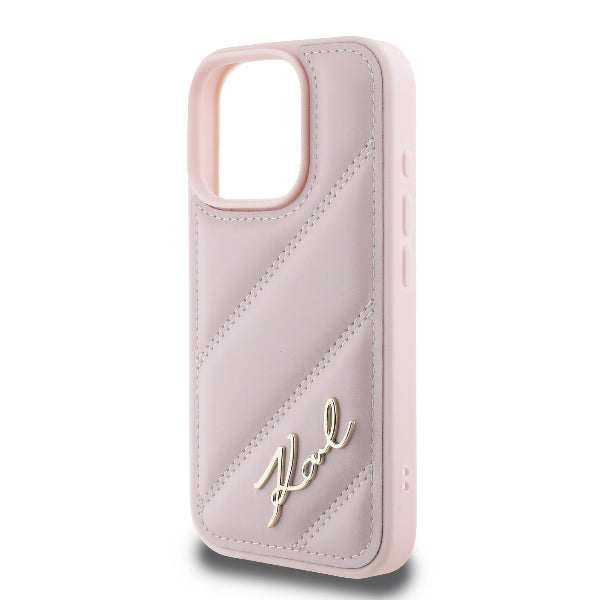Etui na Apple iPhone 16 Pro, Karl Lagerfeld, Diagonal Quilted Script, Różowy