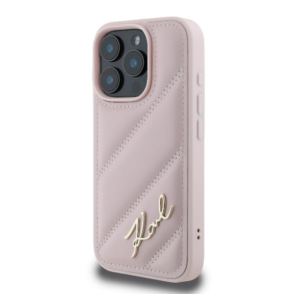 Etui na Apple iPhone 16 Pro, Karl Lagerfeld, Diagonal Quilted Script, Różowy
