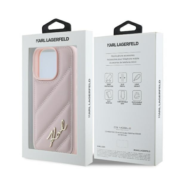Etui na Apple iPhone 16 Pro, Karl Lagerfeld, Diagonal Quilted Script, Różowy