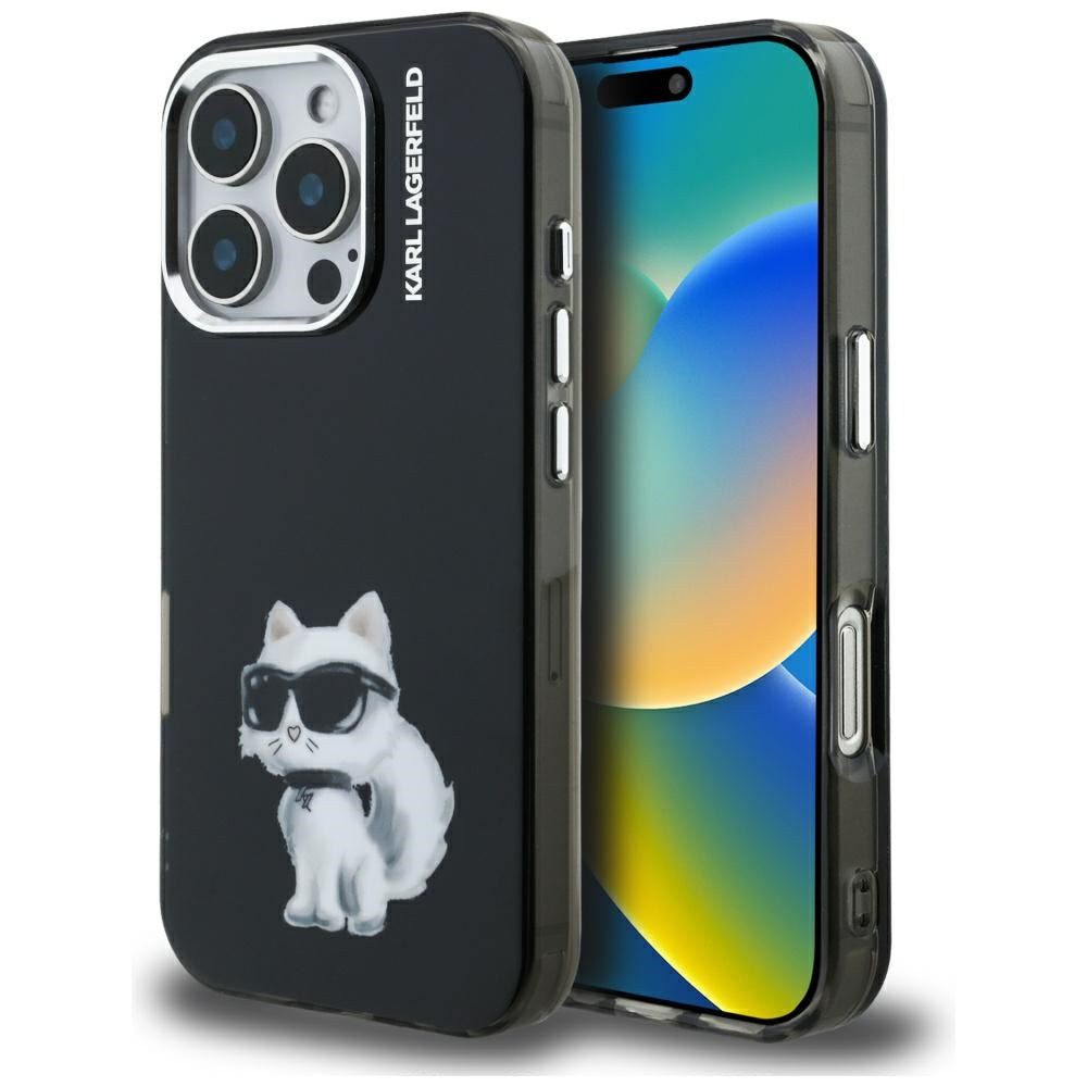Etui na Apple iPhone 16 Pro, Karl Lagerfeld, IML Aquarelle Logo Choupette, Czarne