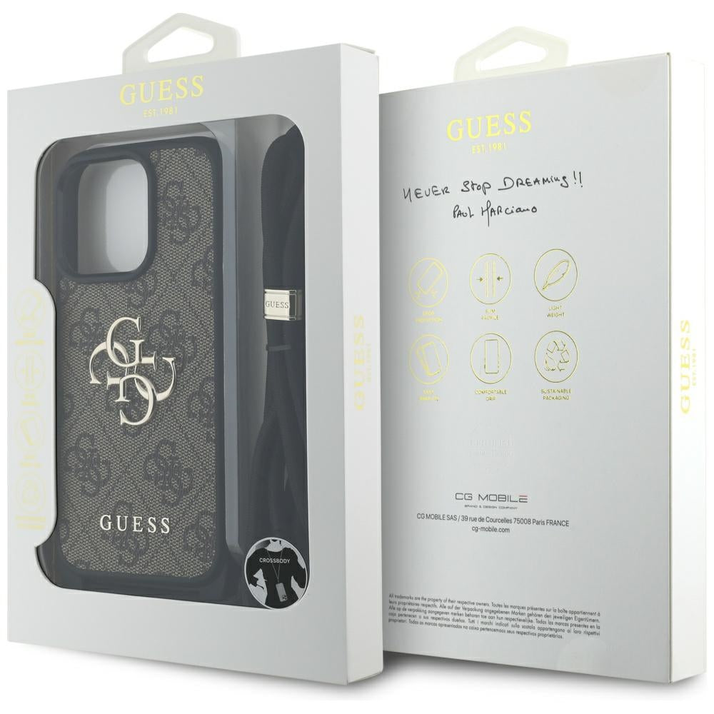 Case for Apple iPhone 16 Pro Max, Guess, 4G CBDY Big Logo with Cord Strap, Brown